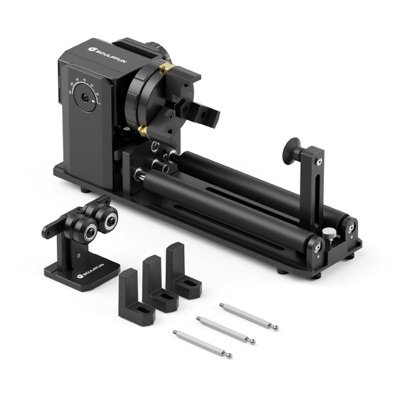 Rotatif Sculpfun RA Pro Max, mandrin à griffes et rouleaux sur un même socle