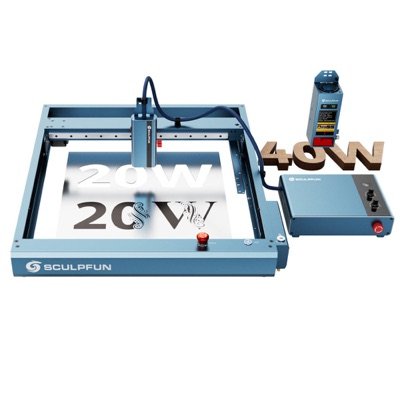 Sculpfun A9 Ultra : portique avec tête fibre, boîtier de source déporté et module diode 40 W à côté