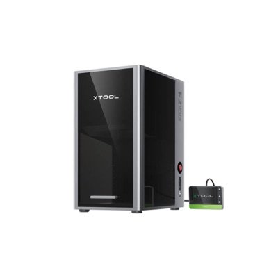 xTool F2 Ultra : tour fermée noire et grise, avec son boîtier de commande déporté