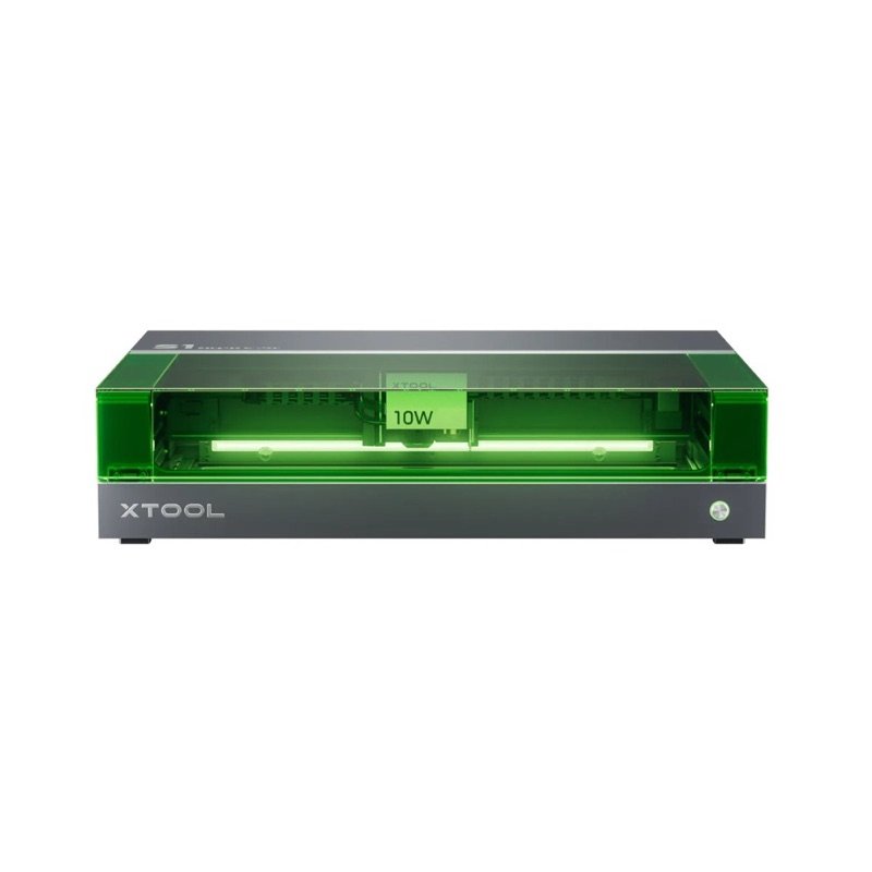 xTool S1 vu de face, capot vert allumé, équipé ici du module laser 10 W